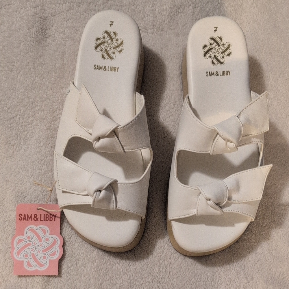 NIB Sam & Libby Women's 7 White Double Bow Platform Sandals Wood Sole